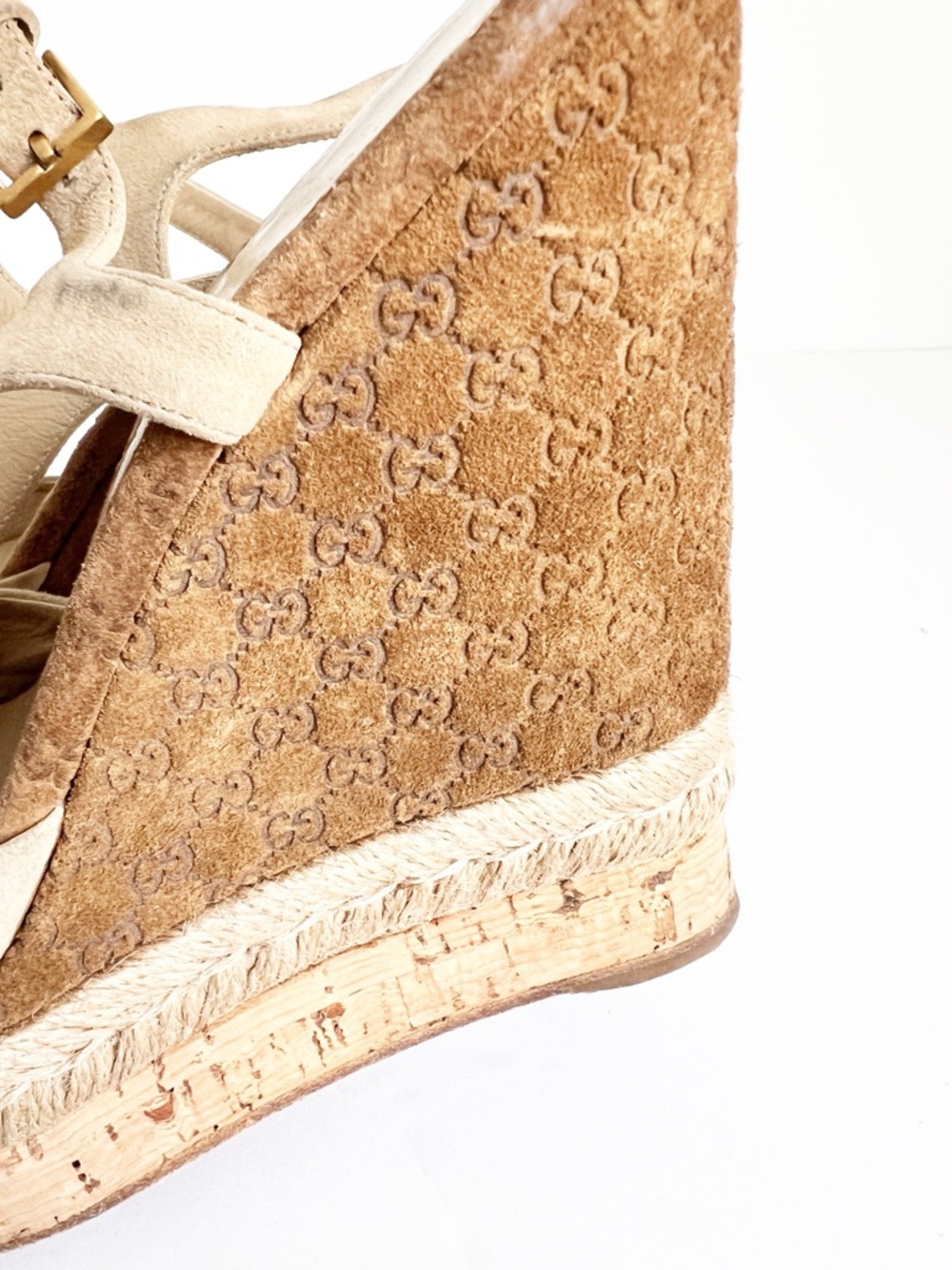 SZ 36.5 Gucci Suede Espadrille Wedge Sandals Beige Logo Platform - Picture 7 of 8